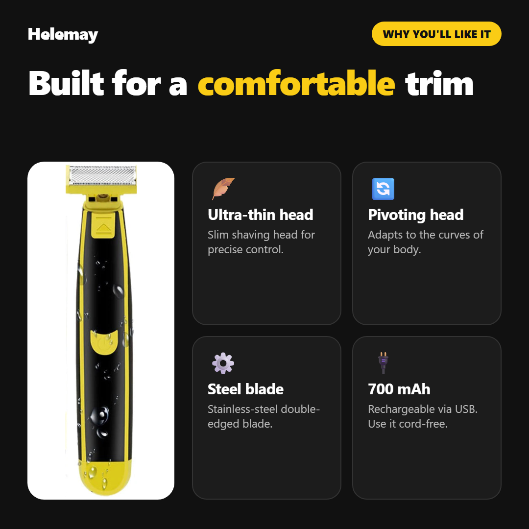 Trimmer features: ultra-thin head, pivoting head, stainless-steel blade, 700 mAh USB battery
